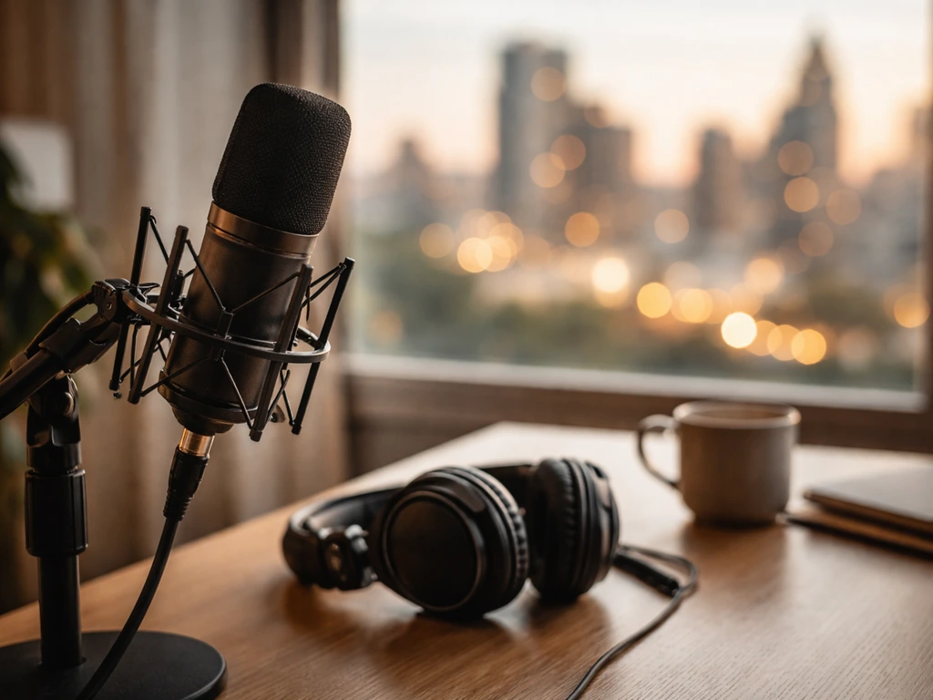 Close-up of a studio microphone and headphones with a faint city skyline through a window.