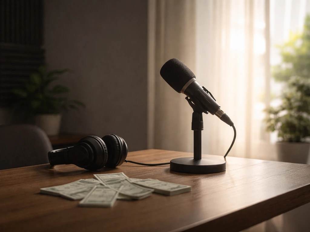 Minimal studio desk with microphone, scattered cash-like prop bills, and a split light reflecting career phases