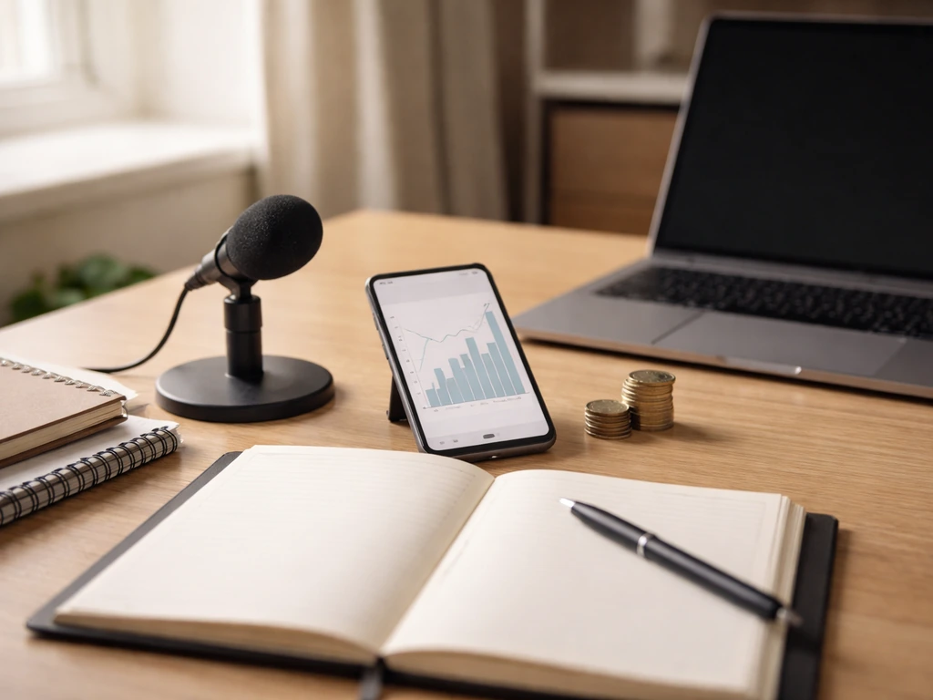 Minimal media office desk with coins, microphone, and blank finance-style elements suggesting earnings periods.