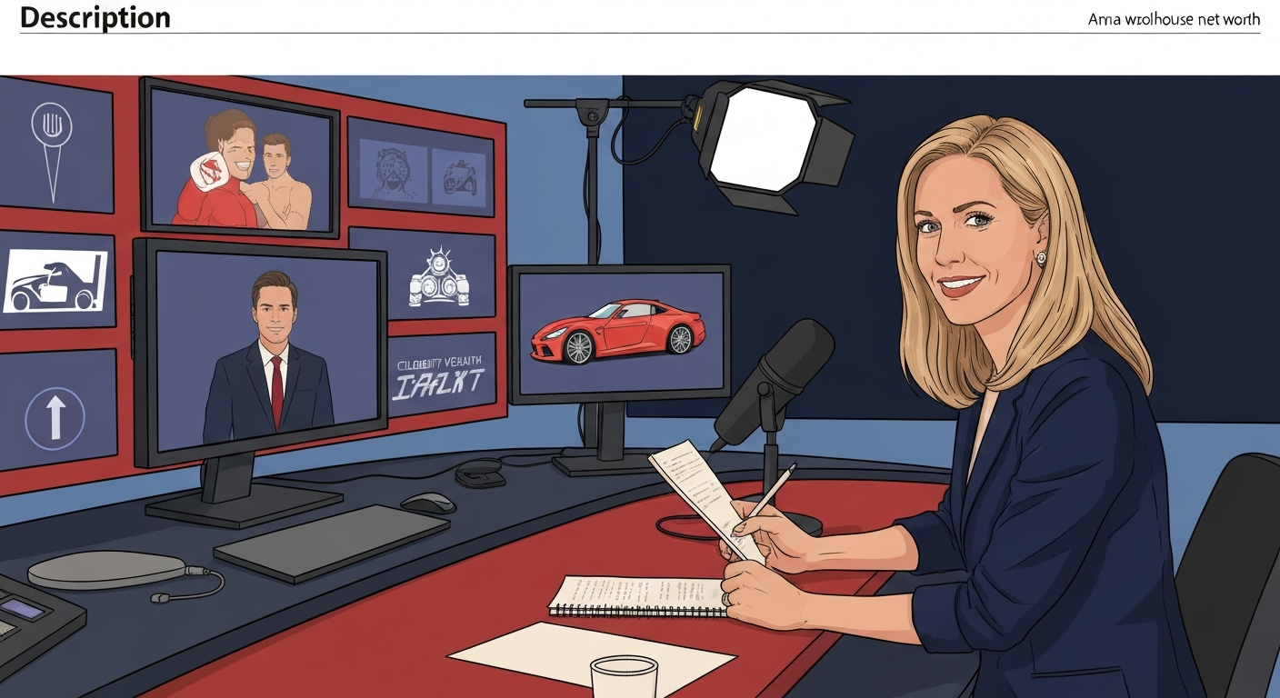 Stylized editorial illustration of a female sports presenter in a TV studio at a broadcast desk, with monitors showing generic boxing and motorsport icons.