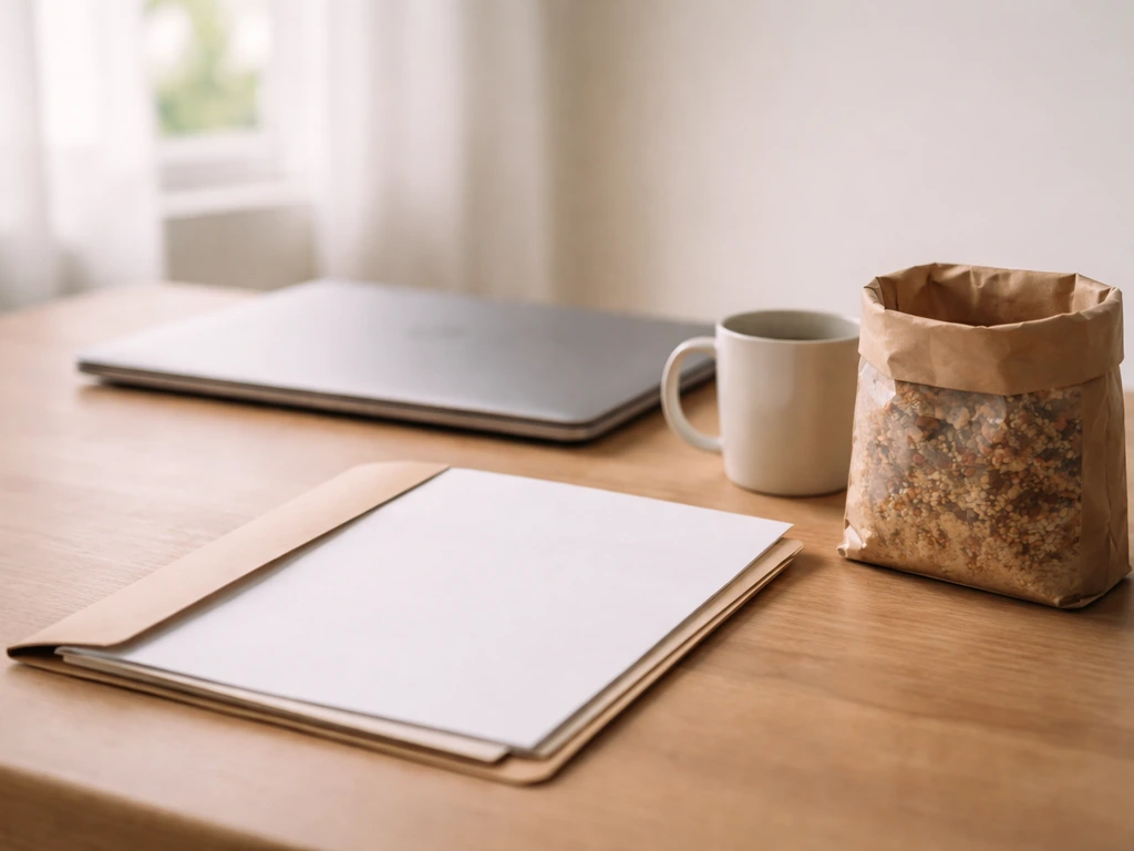 Minimal photo of an anonymous business desk with printed founder page and a pantry ingredient bag.