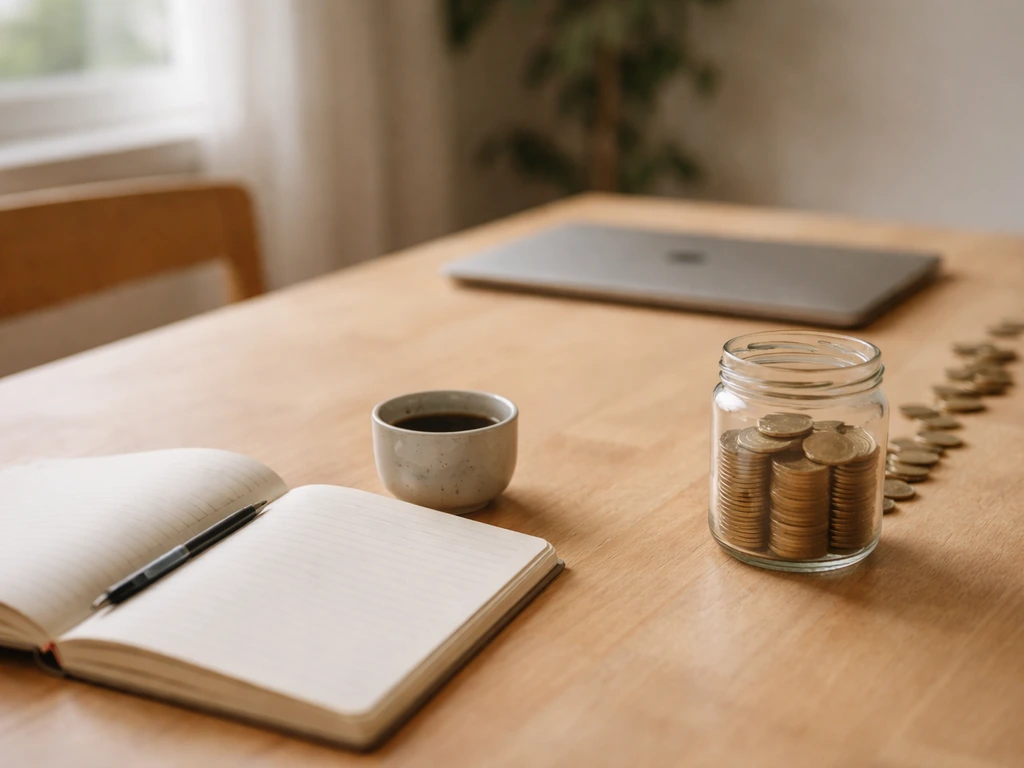Minimal desk scene: coin jar and stacked coins leading toward a laptop, symbolizing wealth growth over time.
