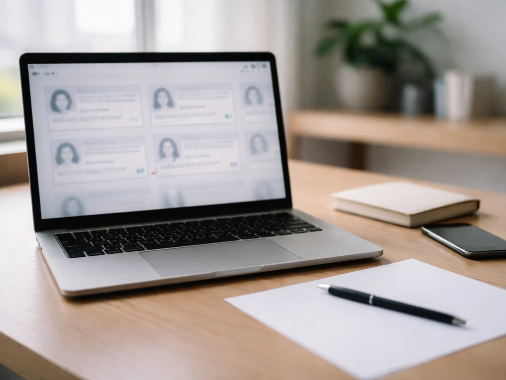 Minimal office scene with an open laptop and blurred social-media-style cards suggesting profile disambiguation