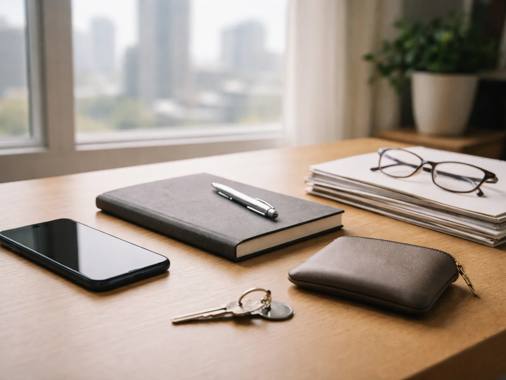Minimal photo of a quiet desk with a smartphone and notebook, symbolizing income and asset calculations