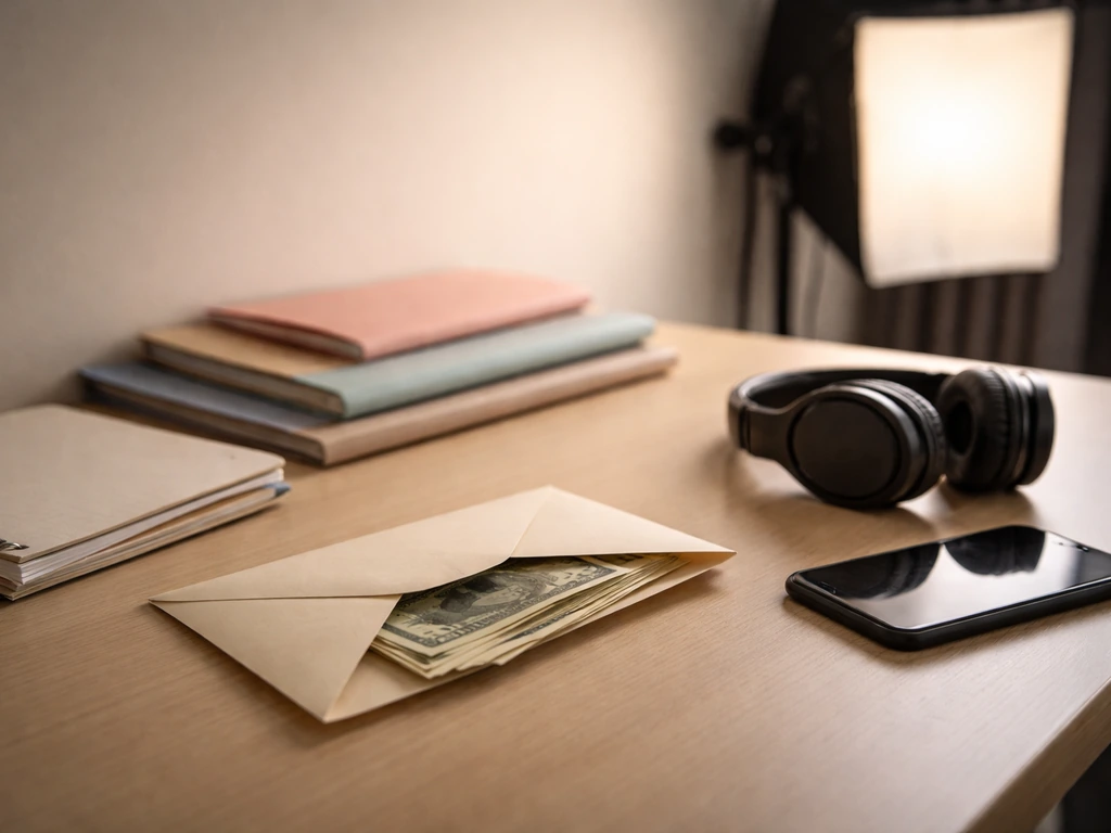 Minimal studio desk scene with cash envelope, planner, and folders symbolizing earnings growth over time
