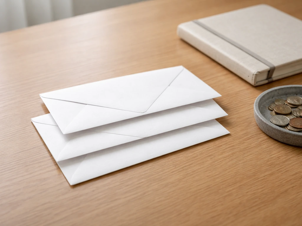 Minimal office desk scene with three out-of-focus envelopes suggesting low, base, and high money tiers