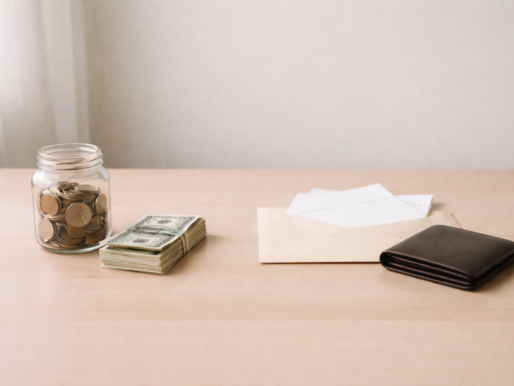 Minimal desk scene with coins and cash on one side, blank bills/envelopes on the other.
