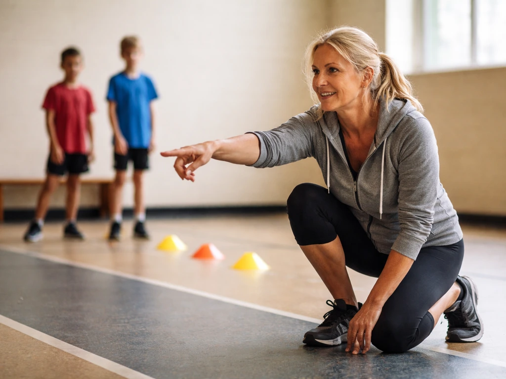 Anonymous coach in a simple school gym guiding a small youth sprint drill