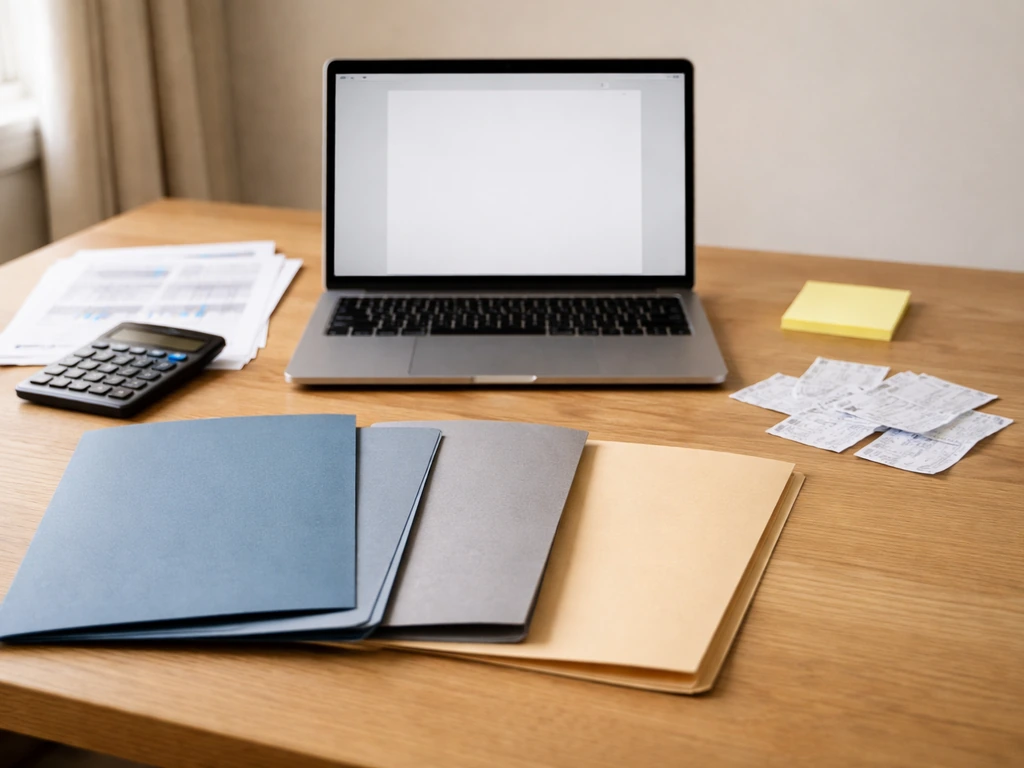 Minimal desk scene with laptop, calculator, folders, and papers symbolizing differing net-worth estimate evidence.