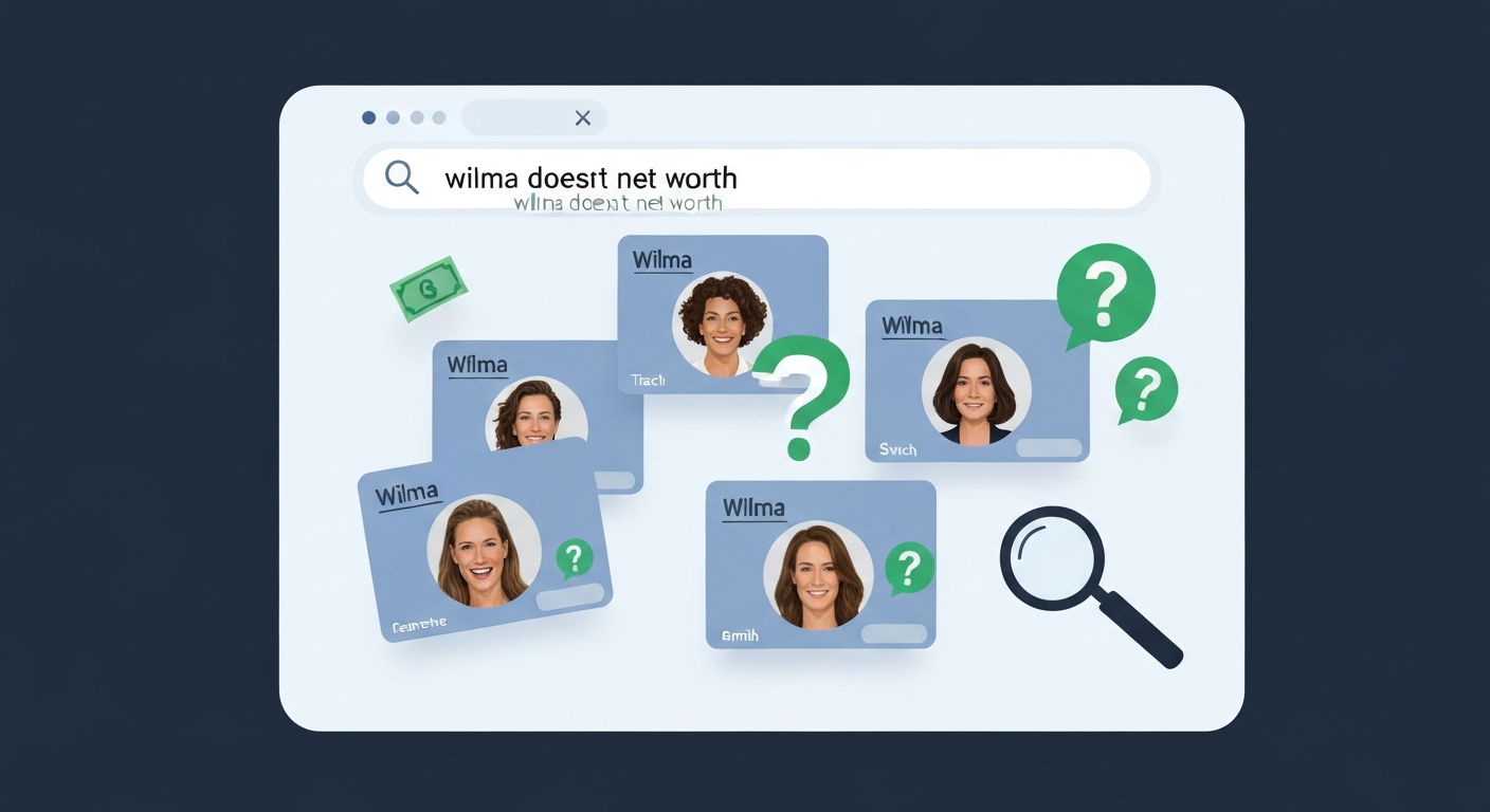 Illustration of a search bar with the query 'wilma doesnt net worth', multiple 'Wilma' profile cards with question marks, and money icons representing ambiguity.