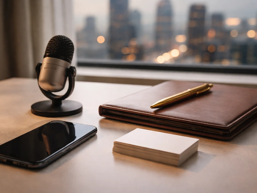 Minimal desk scene with a microphone and phone, symbolic of media and financial research.