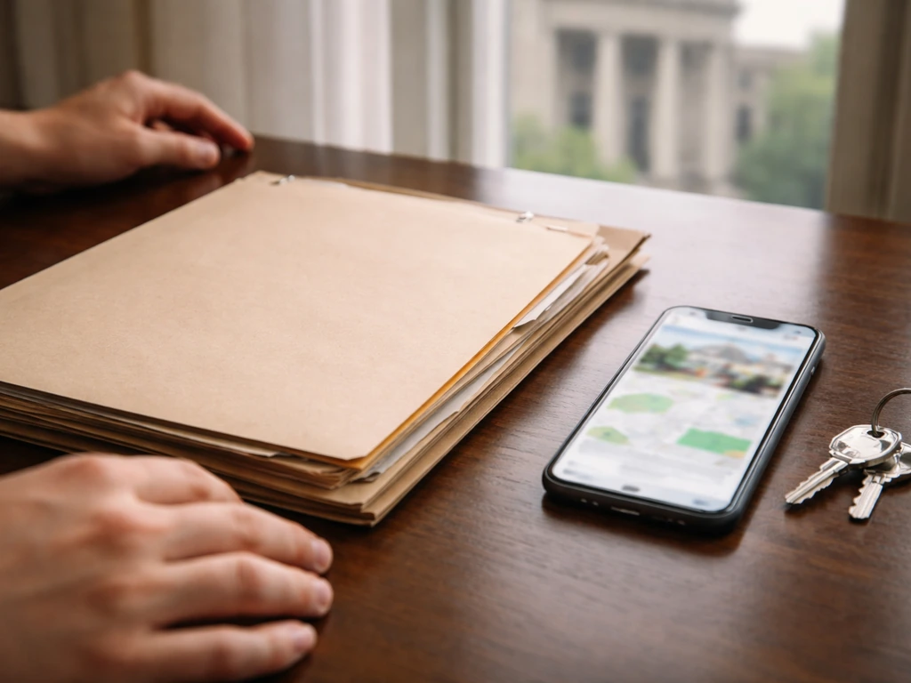 Anonymous real-estate folder and blurred property listing on a smartphone near keys, suggesting public property records.