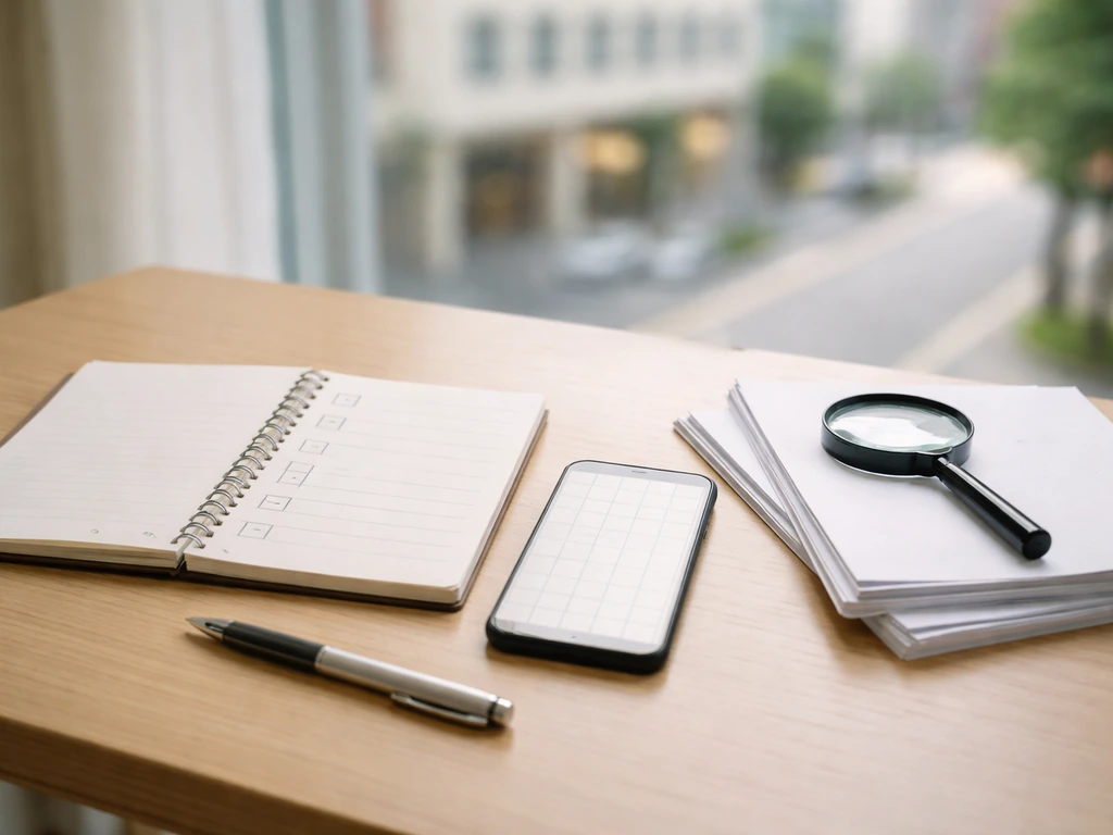 Minimal desk scene with blank notebook, documents, smartphone calendar, and magnifying glass for verifying figures.