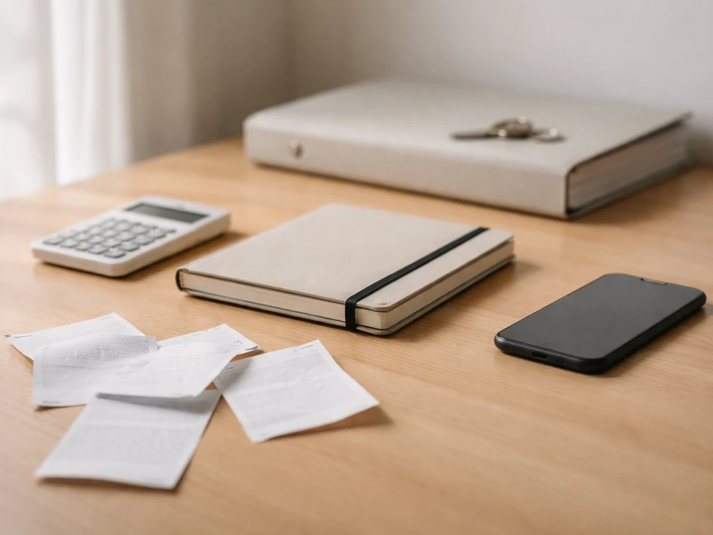 Minimal desk scene with scattered receipts and a smartphone beside a calculator, symbolizing income vs net worth.