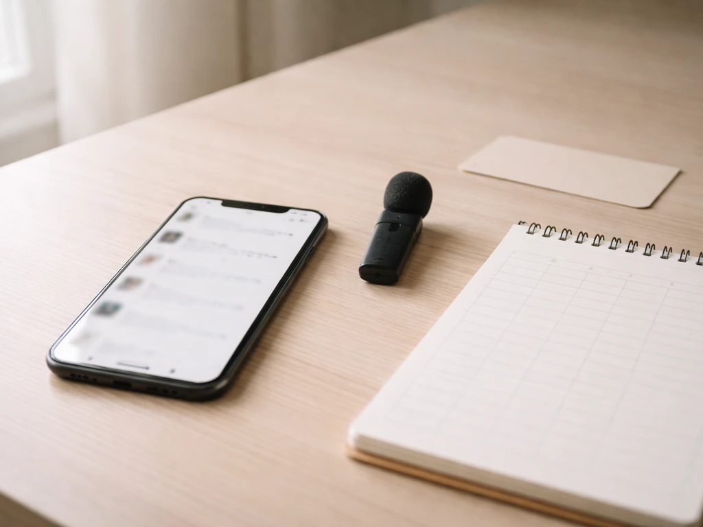 Desk with smartphone and blank notebook grids, symbolizing checking public social media and partnership info.
