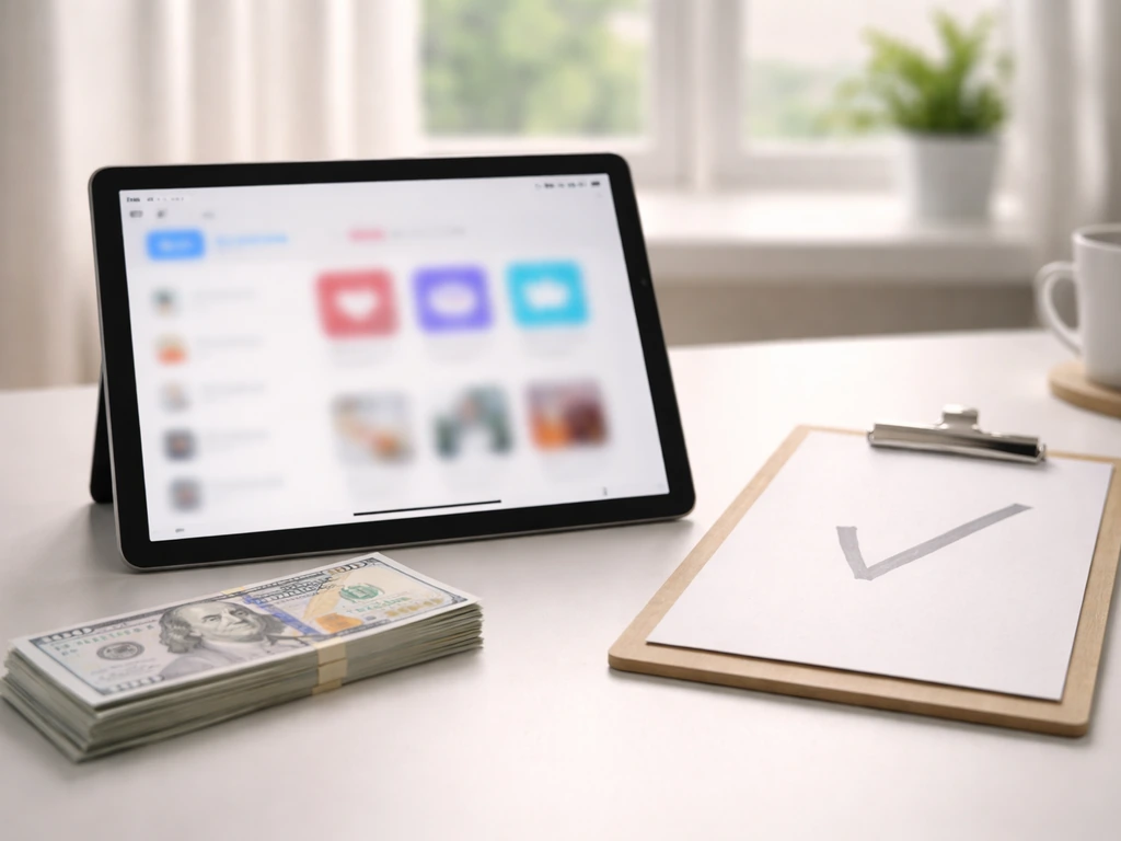 Minimal photo of a tablet with blurred social media icons beside cash and a checking clipboard