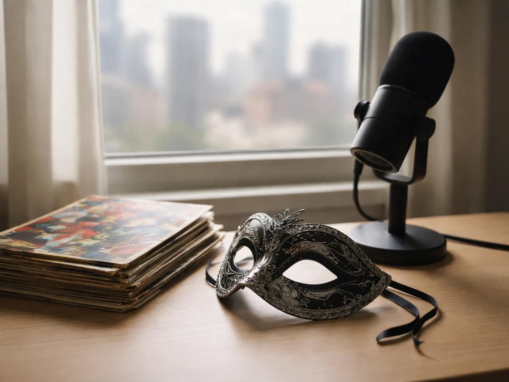Minimal desk with comic books, a microphone, and a masquerade mask symbolizing a fictional identity search.
