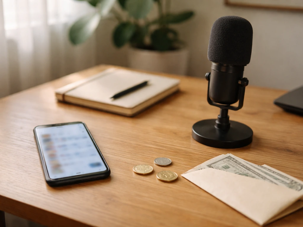 Minimal photo of a media creator workspace with smartphone, notes, and subtle money-themed objects