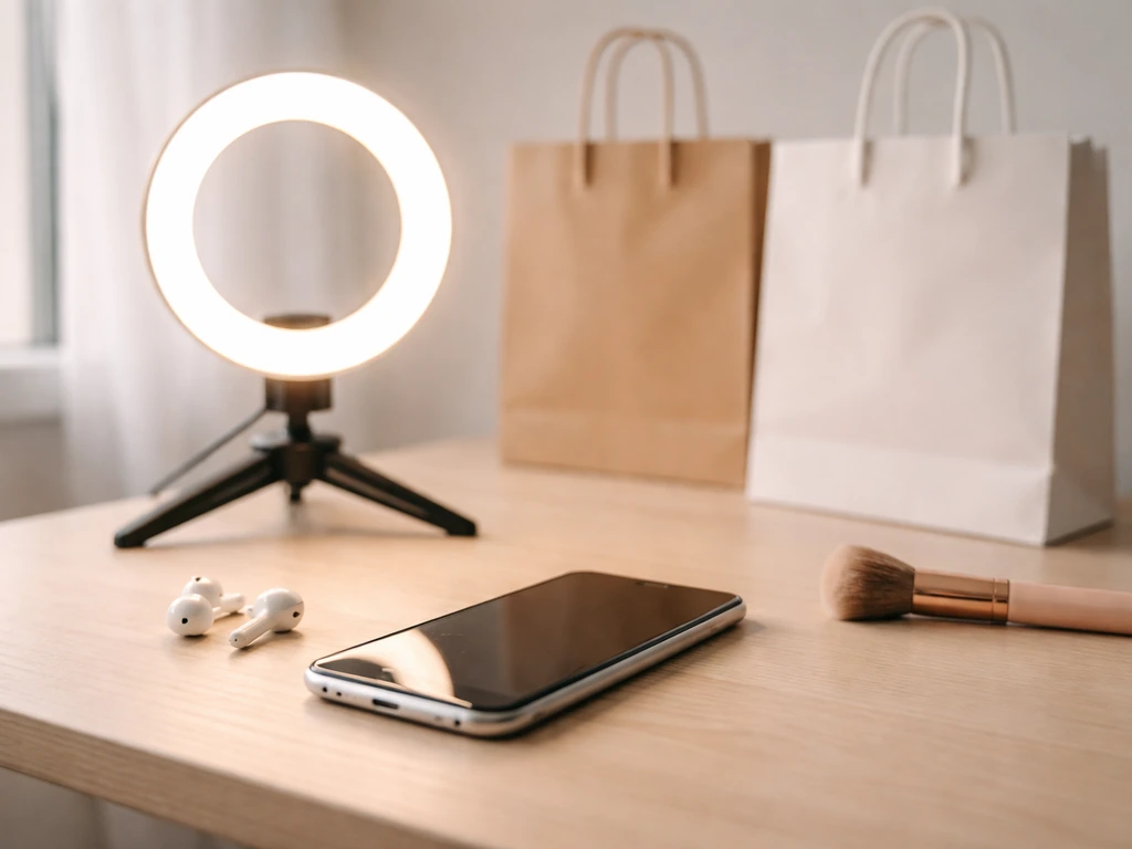 A close-up of a smartphone on a desk with a small ring light and branded shopping bags nearby.