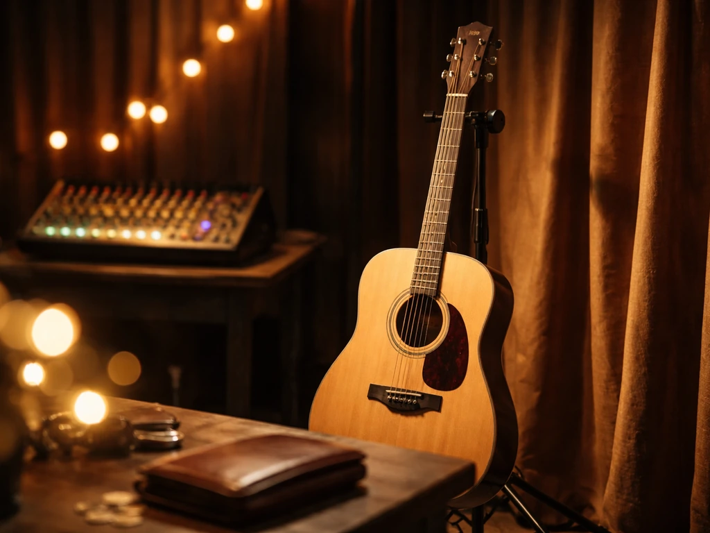 Warm country-music studio scene with mic stand, guitar, and a leather wallet hinting at earnings.