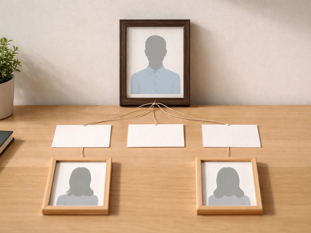 Minimal desk setup with blank cards and strings connecting two generic daughter portraits to a shared father link.