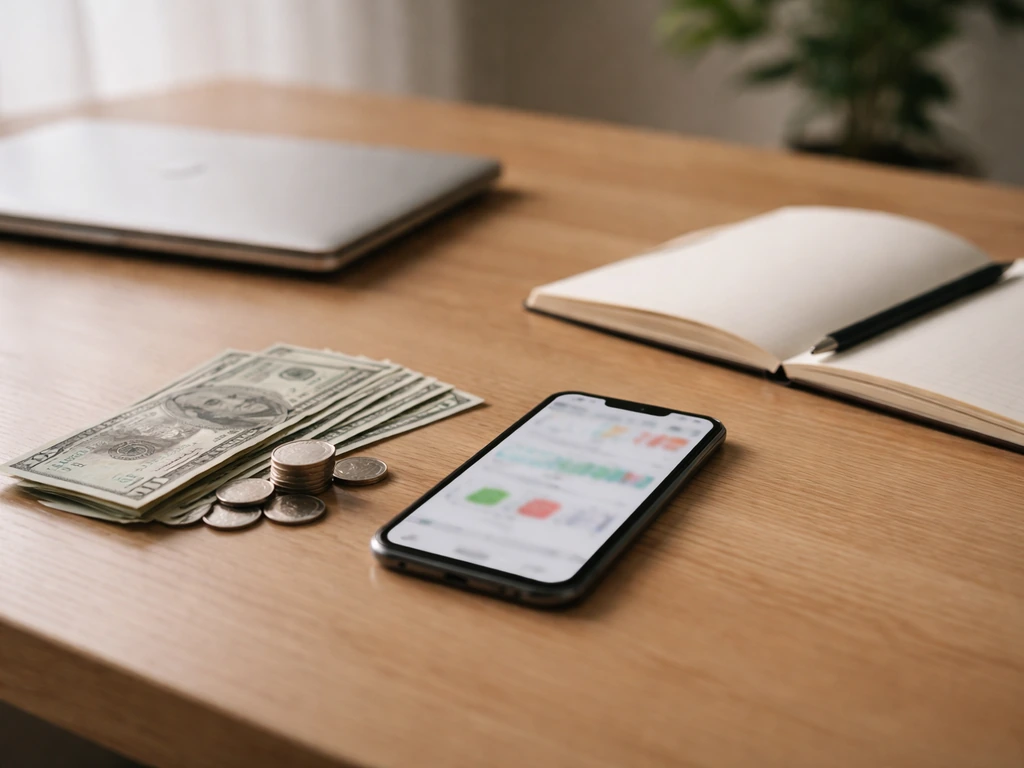 Minimal photo of a desk with scattered money and a phone displaying blurred finance app screens