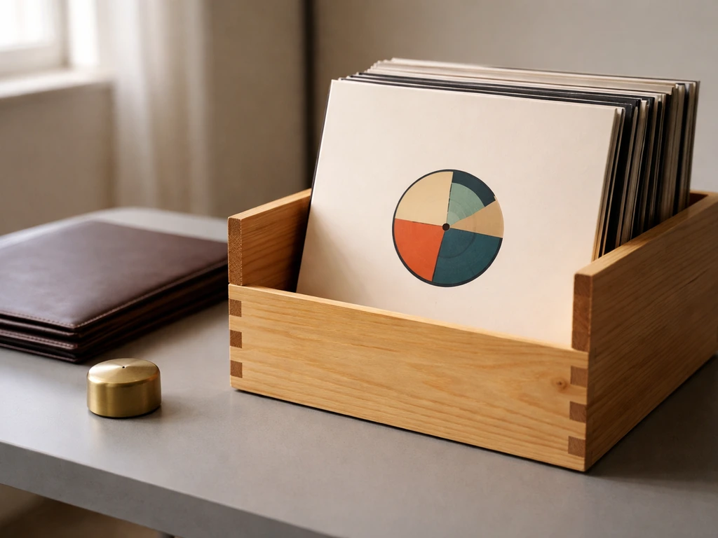 Open vinyl record sleeve and studio desk items symbolizing music catalog ownership and financial assets.