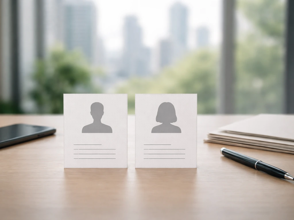 Minimal office scene with two anonymous profile cards and a phone, symbolizing identity checking for the right person.