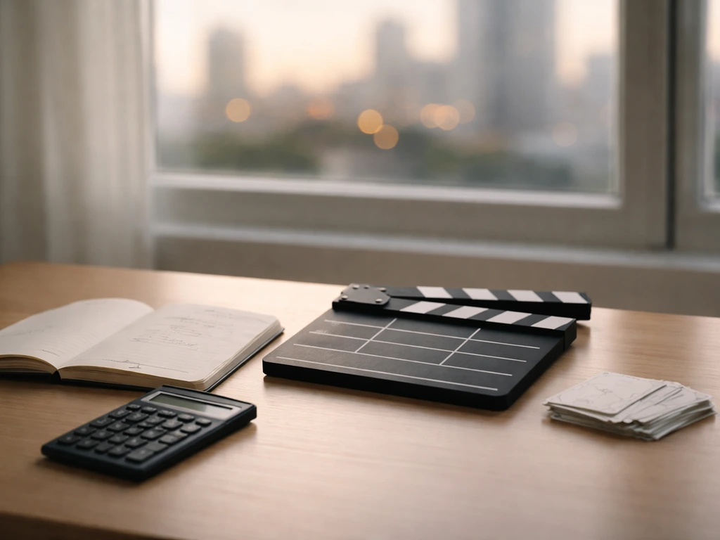 Minimal photo of a desk with movie clapperboard, notebook, and calculator suggesting earnings-based net worth calculatio