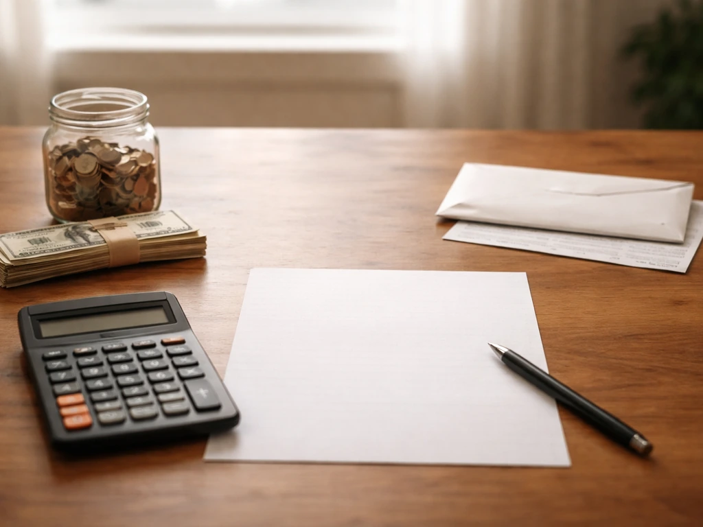 Calculator and money on a desk with a simple assets-minus-liabilities look, no text