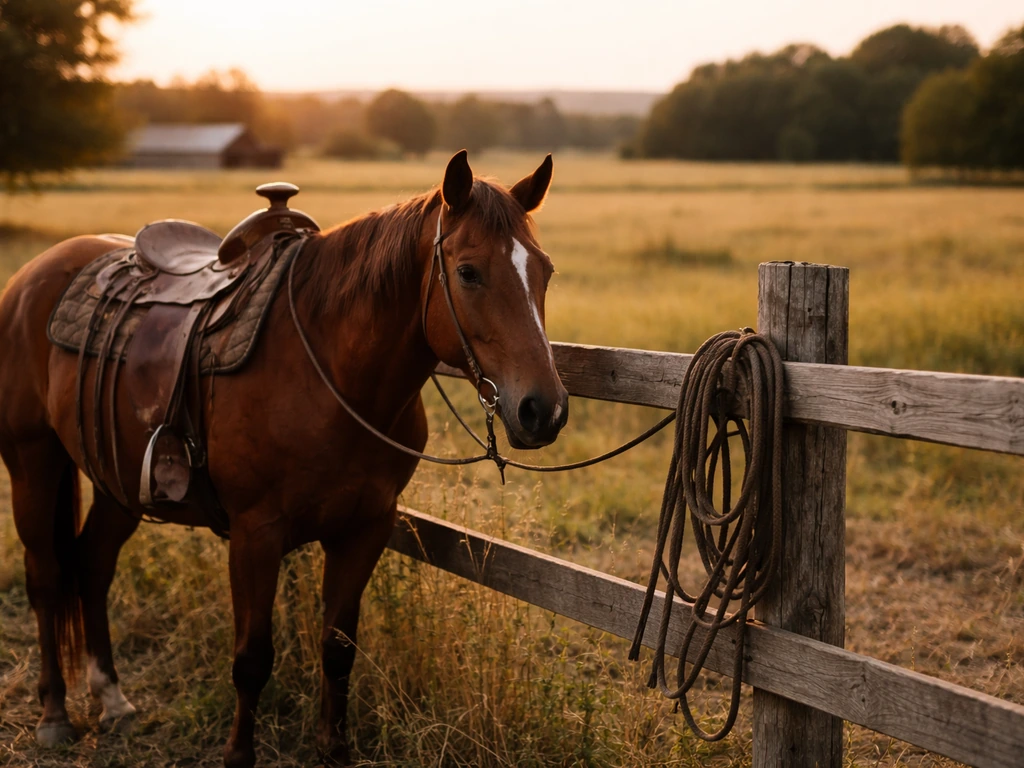 Rural land landscape with a horse and tack in quiet golden-hour Texas pasture