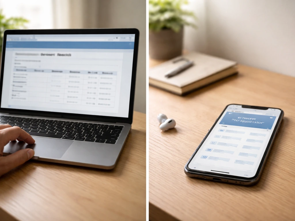 Minimal desk scene comparing an anonymous primary-records laptop page vs a net-worth style card on a phone.