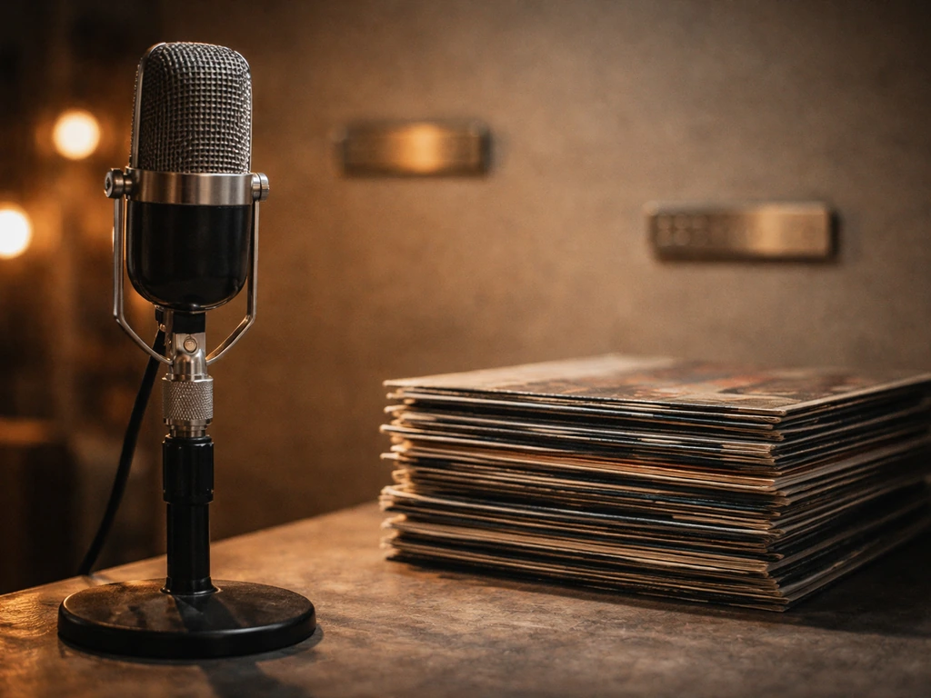 Minimal music industry scene with a microphone and vinyl records plus subtle year markers for 1969–1972.