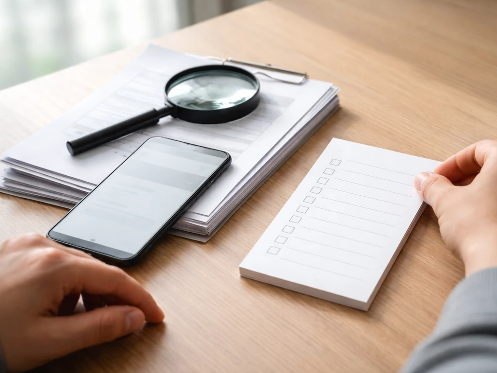 Person reviewing documents and a smartphone with a checklist-like workflow for verifying estimates