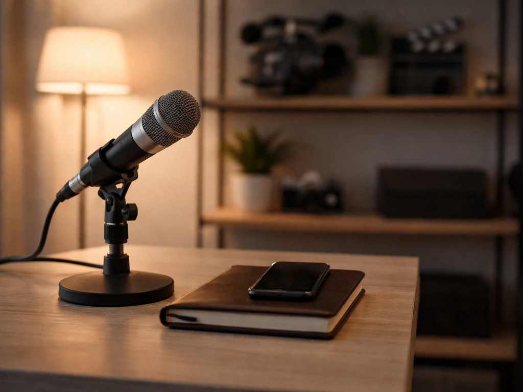Minimal studio scene with a microphone and warm lighting suggesting entertainment entrepreneurship