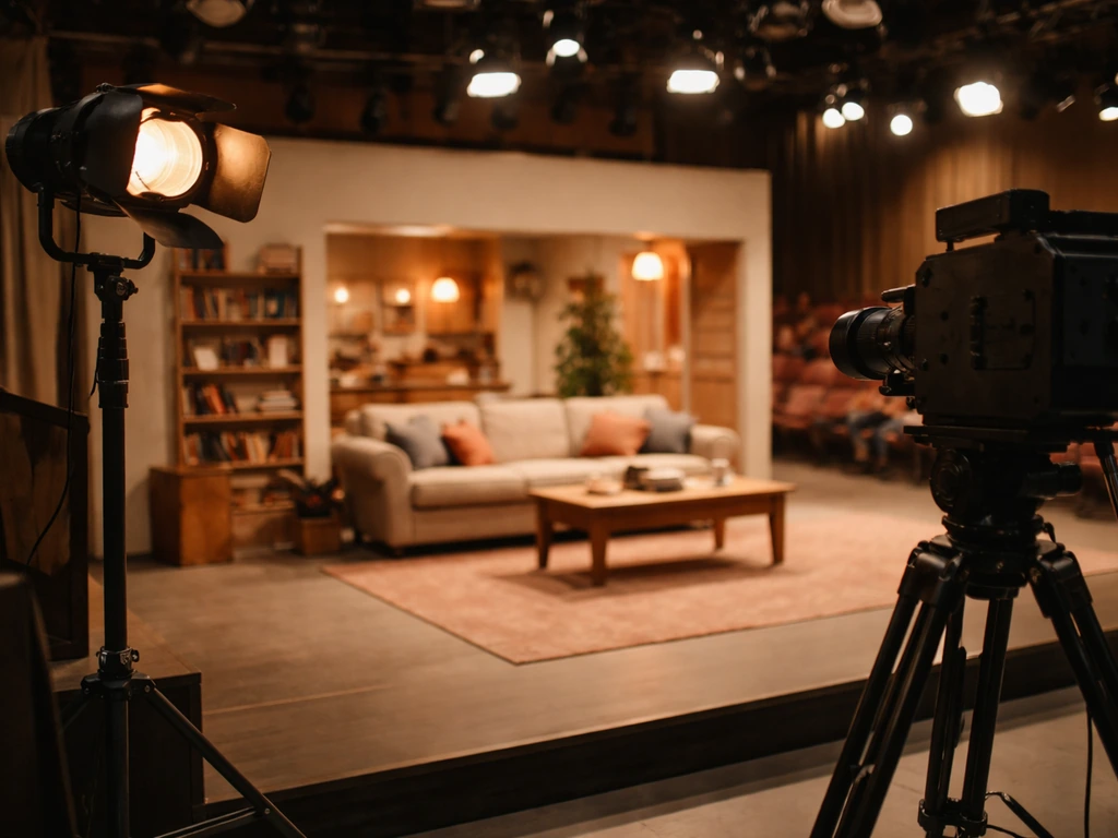 Warm-lit vintage TV studio set with a film camera and soft bokeh audience, symbolizing a career breakthrough.