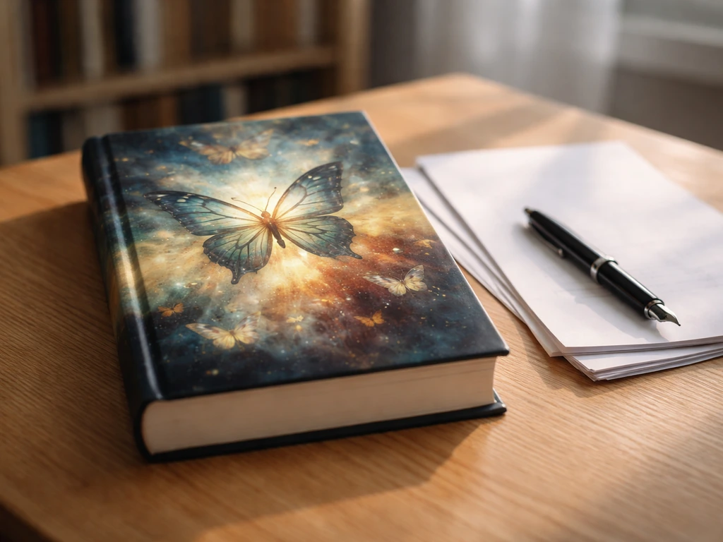 Minimal photo of a book titled Butterfly Rising on a desk beside a pen and movie script pages.
