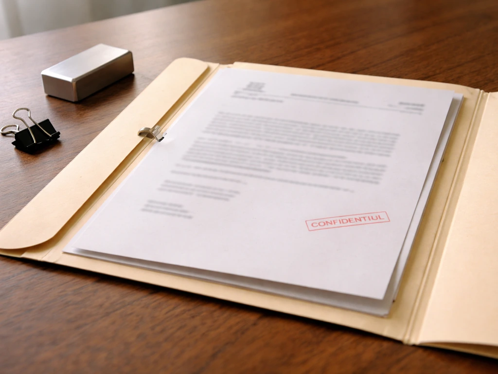 Close-up of an open manila folder with blurred official filing documents on a desk.