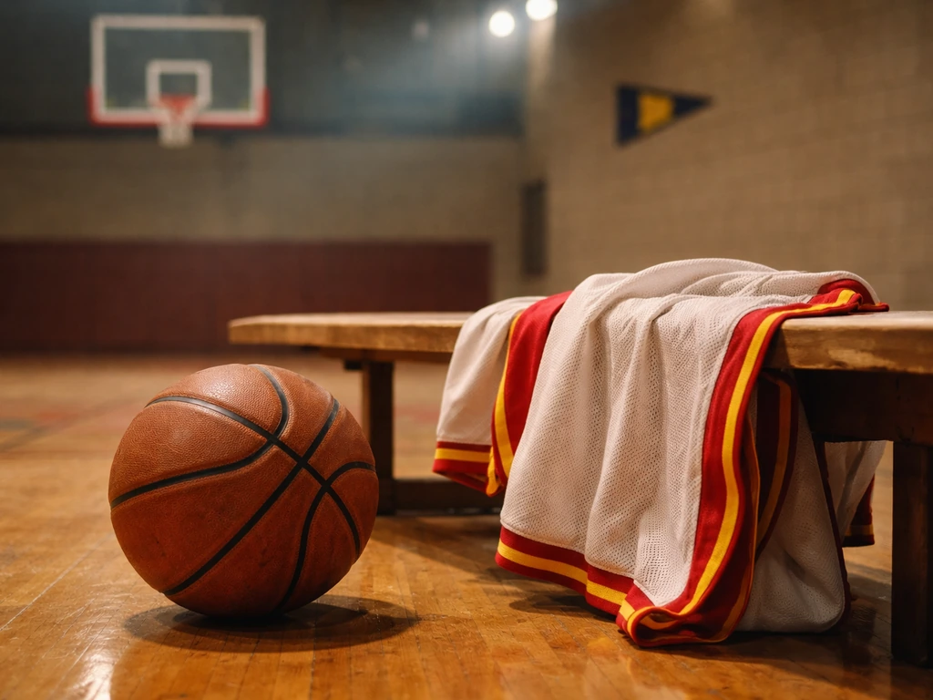 Vintage basketball and draped jersey on an indoor court with a hoop blurred in the background.
