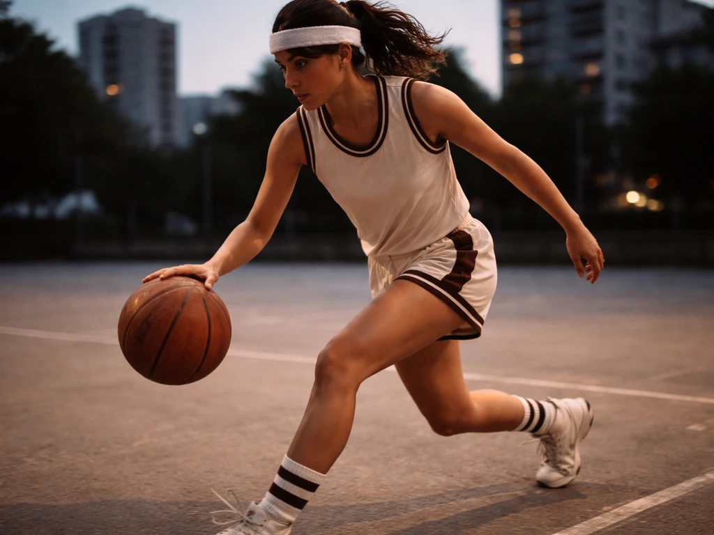 Female basketball player in vintage 1980s style uniform dribbling on an outdoor court near an urban backdrop.