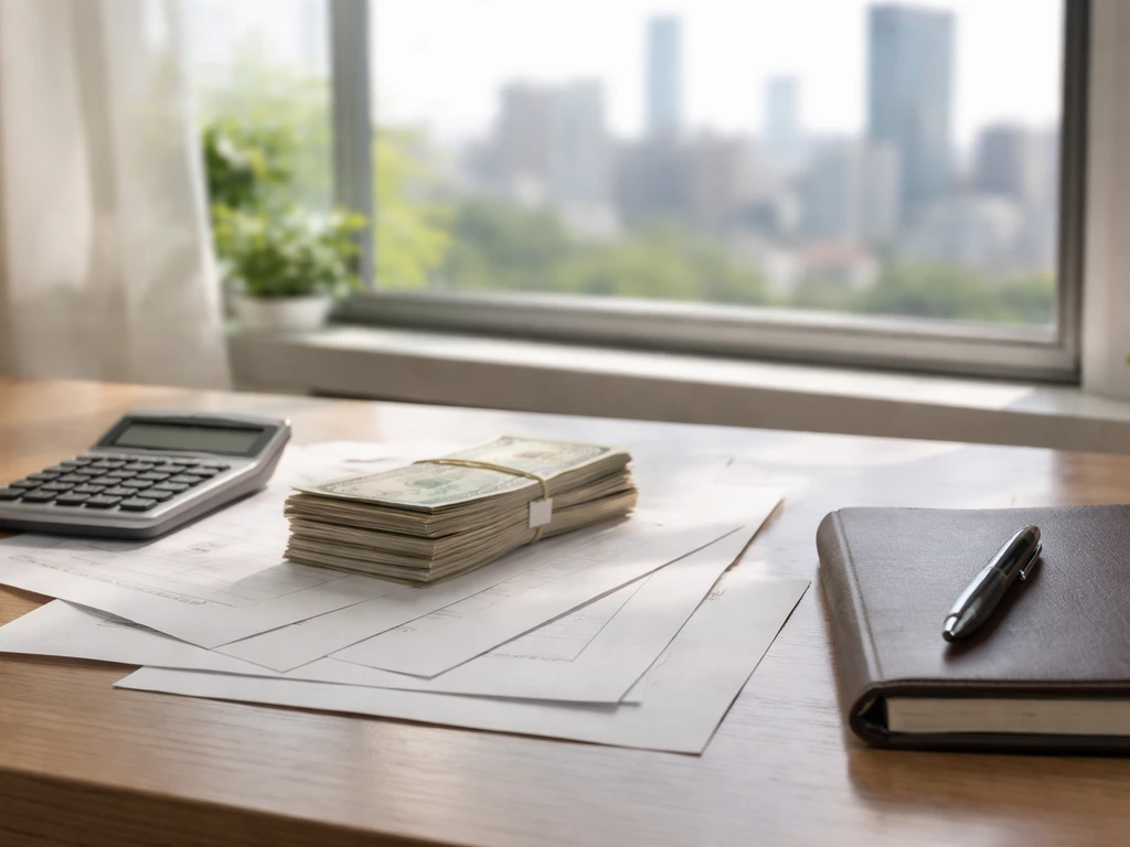 Minimal desk scene with cash, calculator, and scattered documents suggesting net worth range calculation