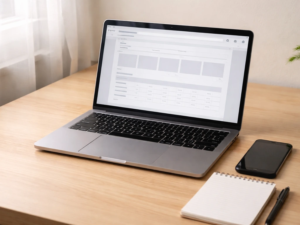 Minimal desk with laptop open to a generic webpage layout for verifying an estimate.