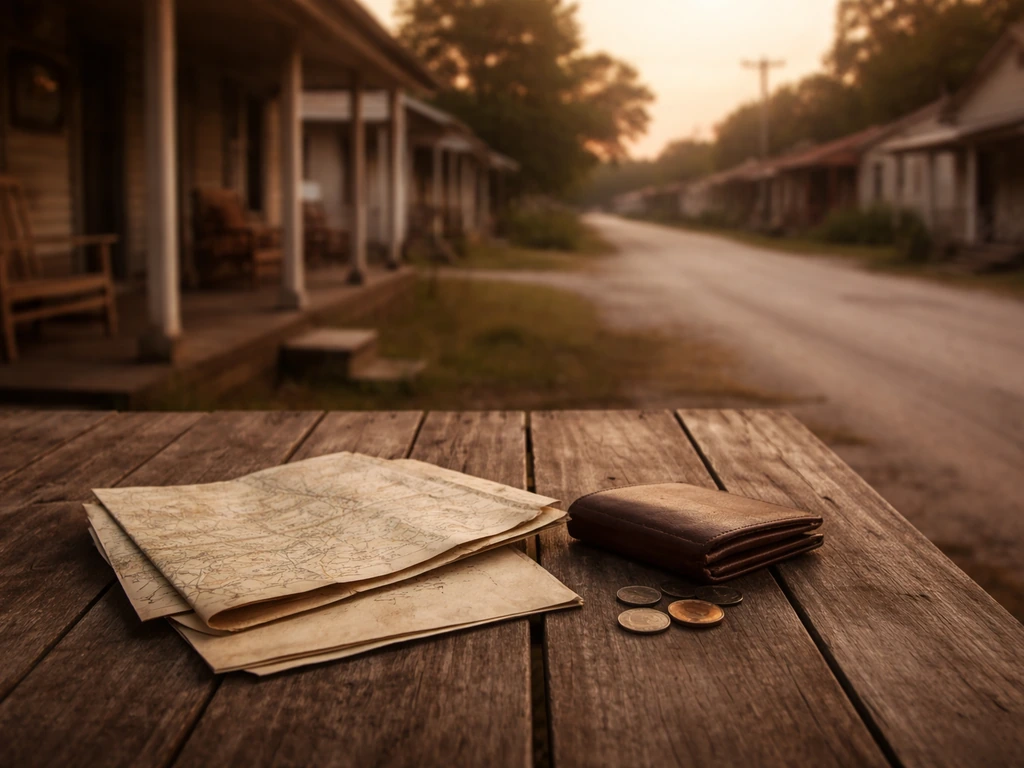Quiet street in Rolling Fork, Mississippi with subtle old-map and vintage finance vibe