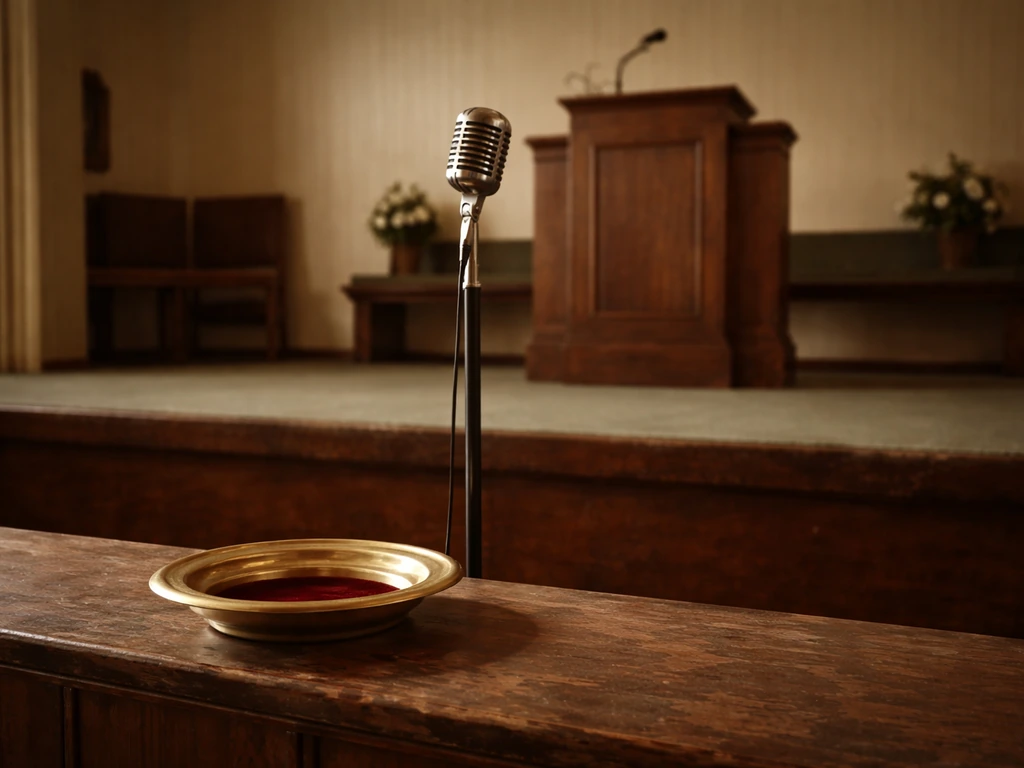 Empty church stage with a vintage microphone and an offering plate, suggesting gospel performances and milestones.