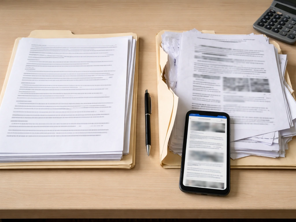 Office desk with two side-by-side folders and a phone showing unreadable pages suggesting reliable vs vague sources.