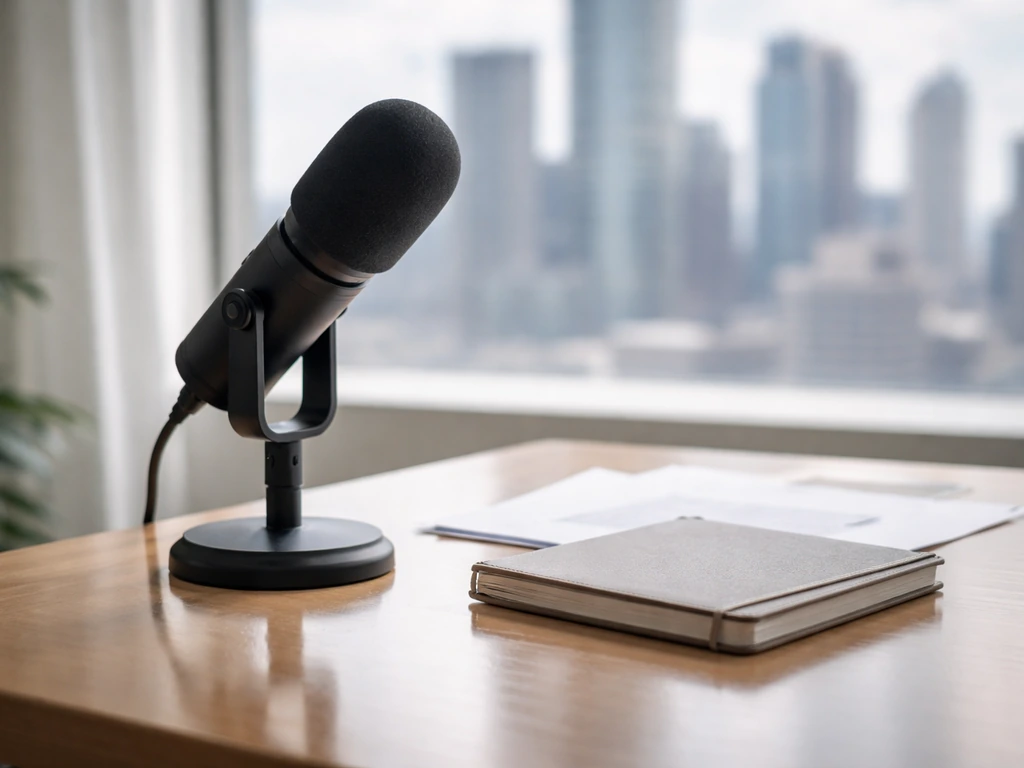 Minimal desk scene with a microphone and papers, suggesting media and money analysis.