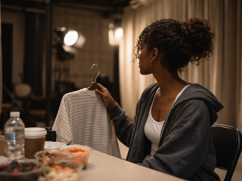 Anonymous actress on a quiet film set with a wardrobe hanger and soft stage lights in the background.