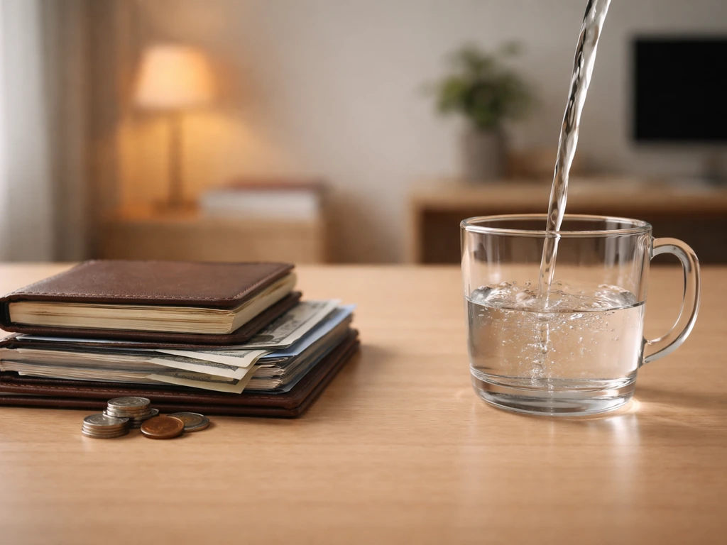 Minimal desk scene showing stacked assets on the left and a steady pouring stream on the right.