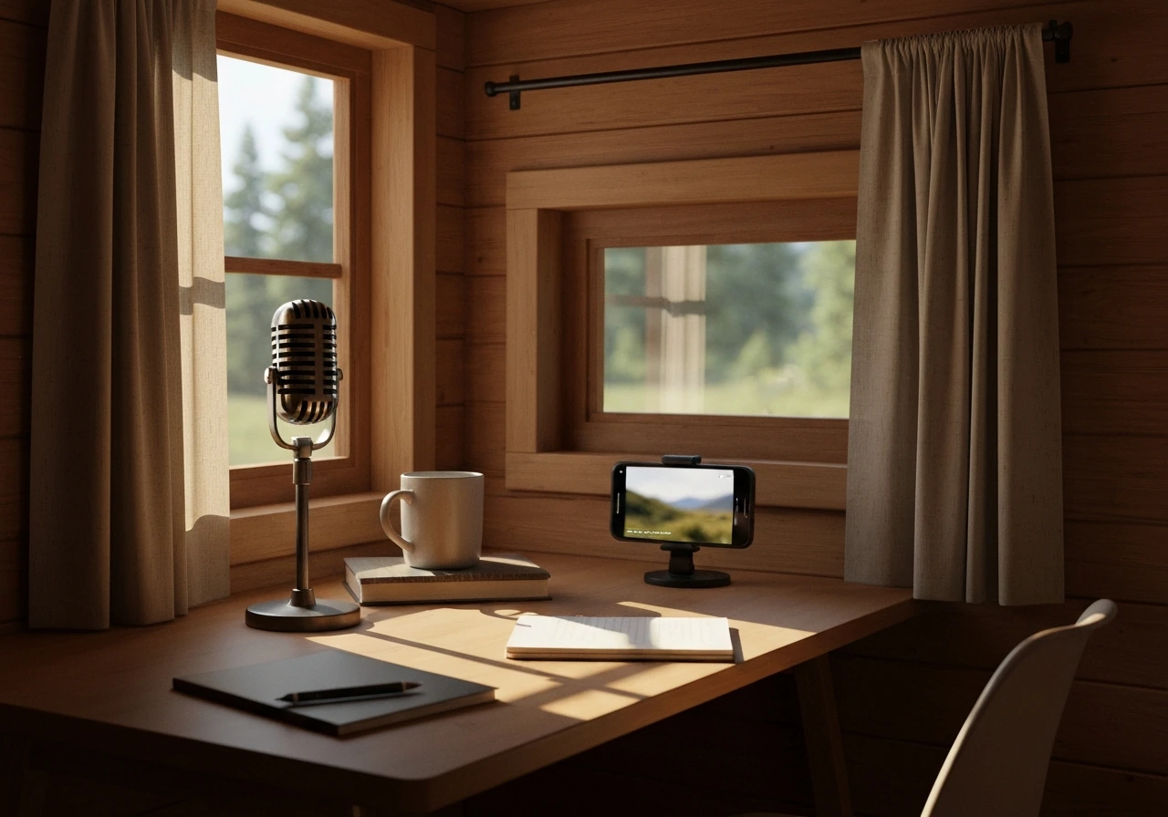 Cozy cabin desk with a smartphone filming outside and a microphone, hinting at a solo creator profile.