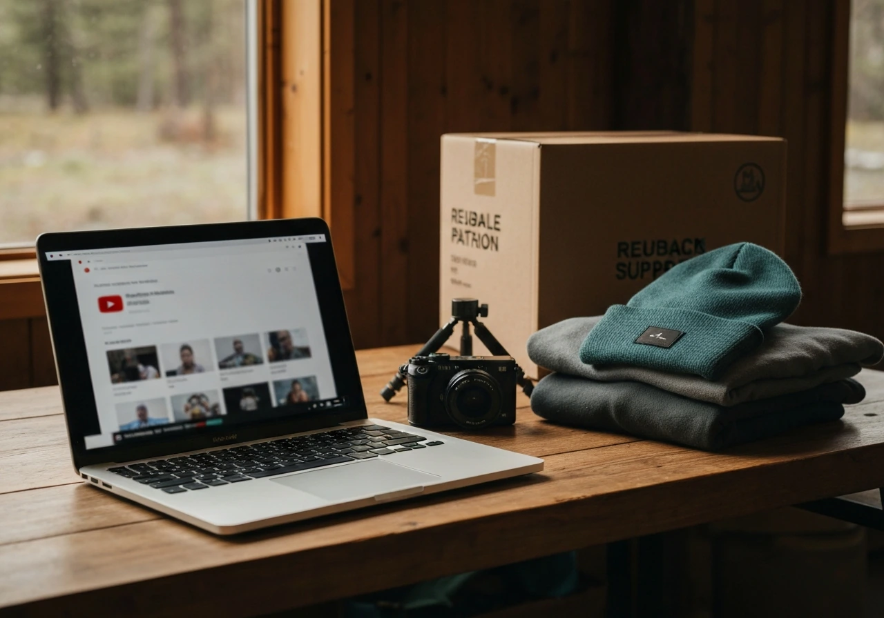 Off-grid creator desk with a laptop showing blurred video content, outdoor apparel, and a shipping box.